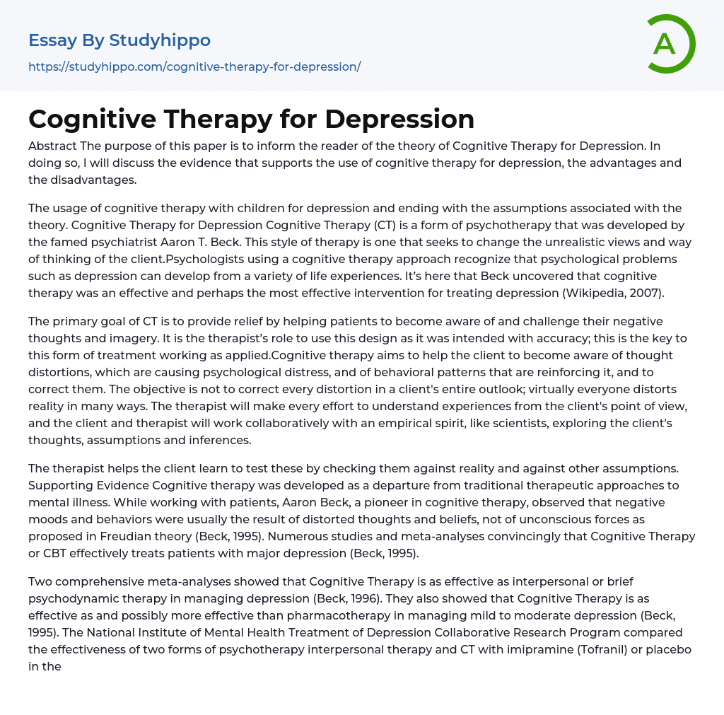 Cognitive Therapy for Depression Essay Example
