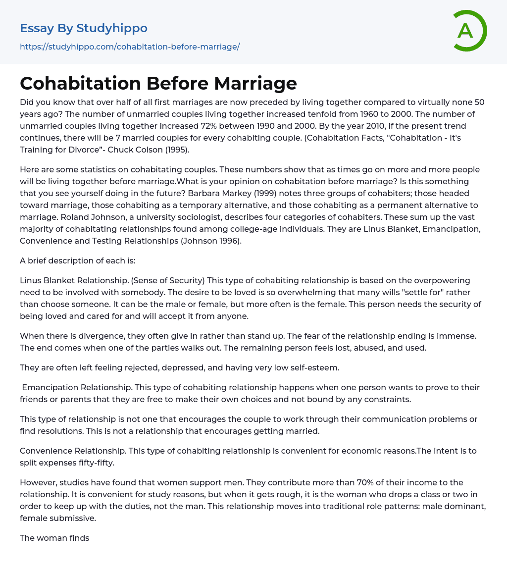 Cohabitation Before Marriage Essay Example