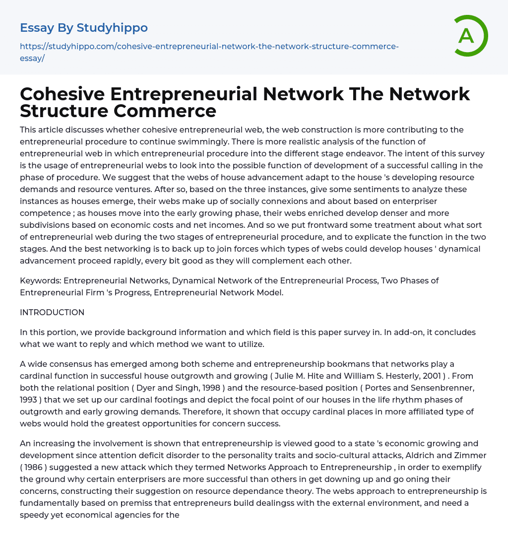 Cohesive Entrepreneurial Network The Network Structure Commerce Essay Example
