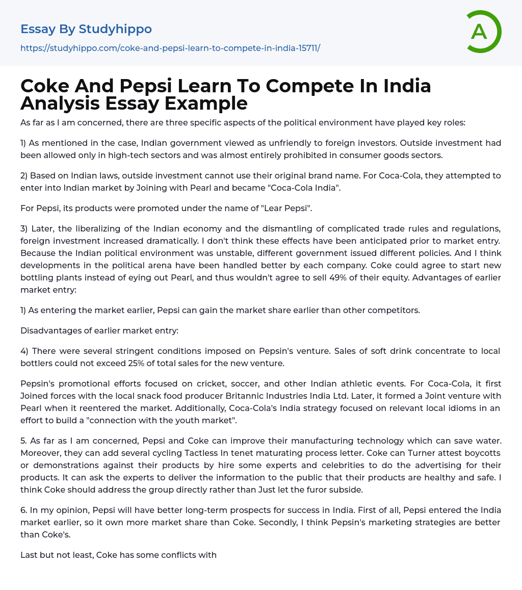 Coke And Pepsi Learn To Compete In India Analysis Essay Example