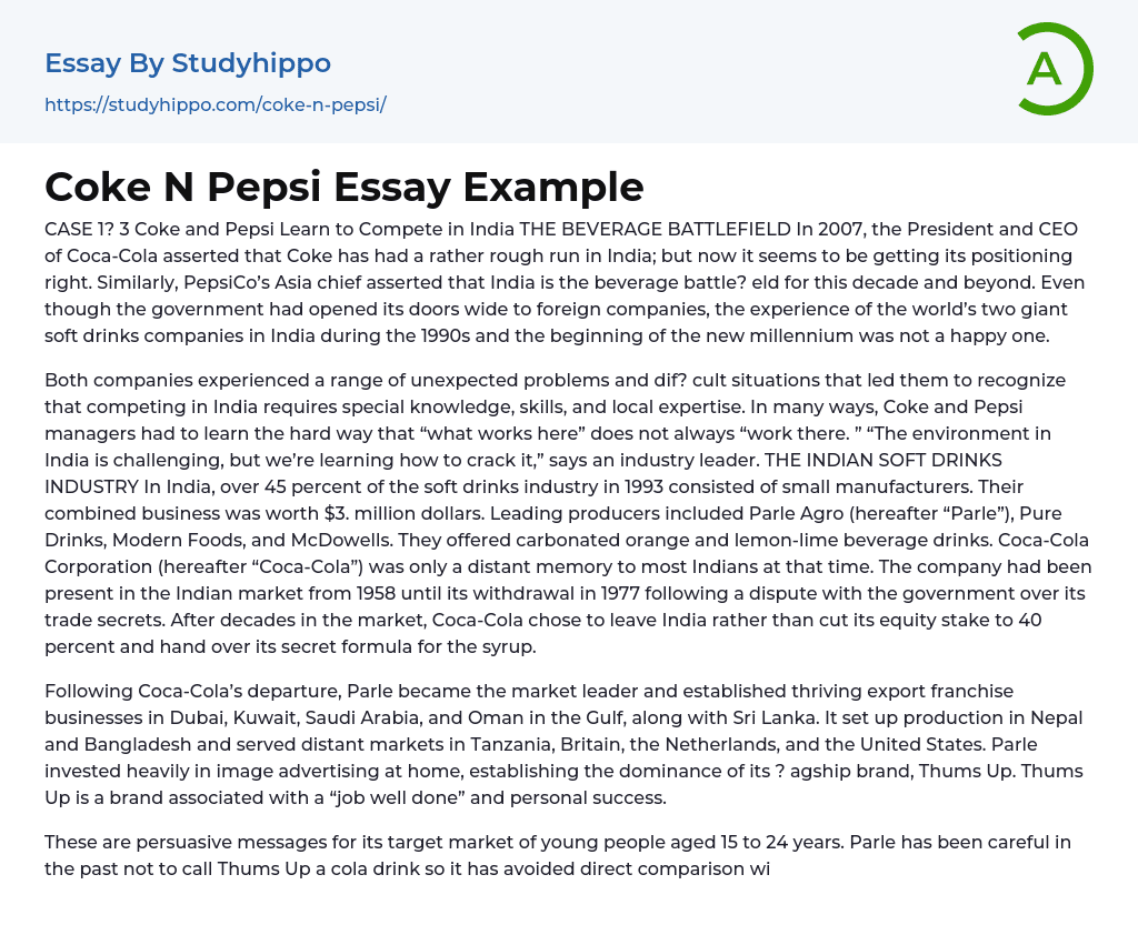 Coke and Pepsi Learn to Compete in India Essay Example