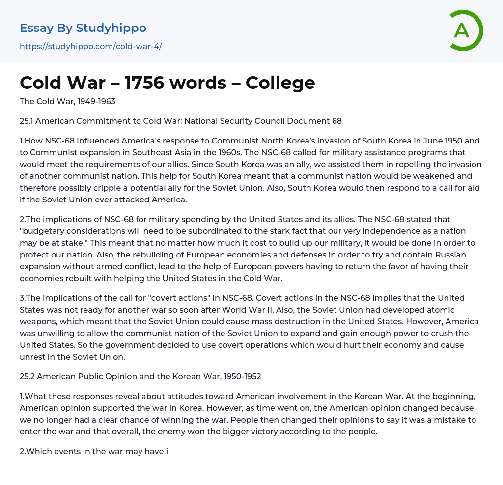 Cold War – 1756 words – College Essay Example