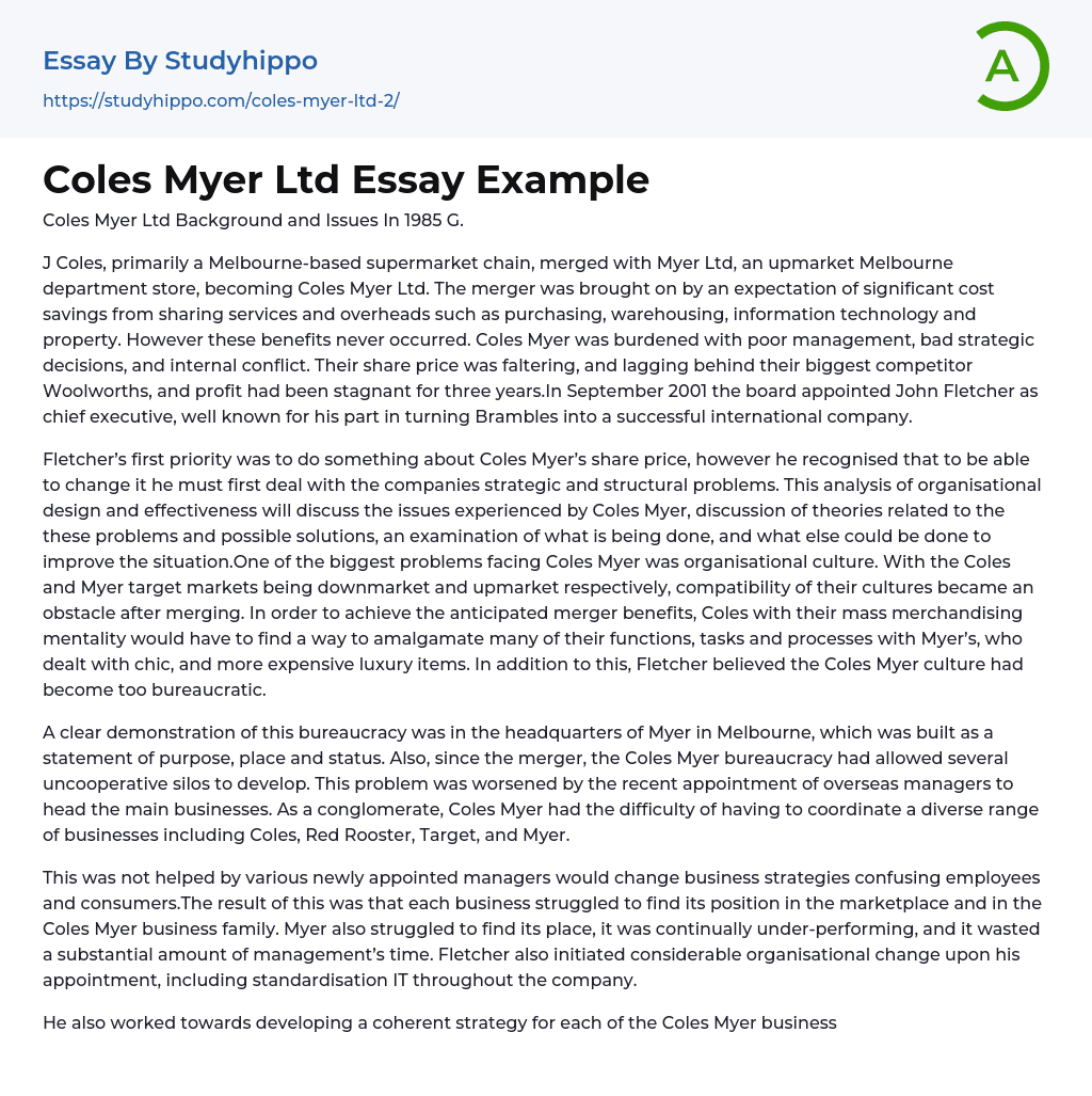 Coles Myer Ltd Essay Example