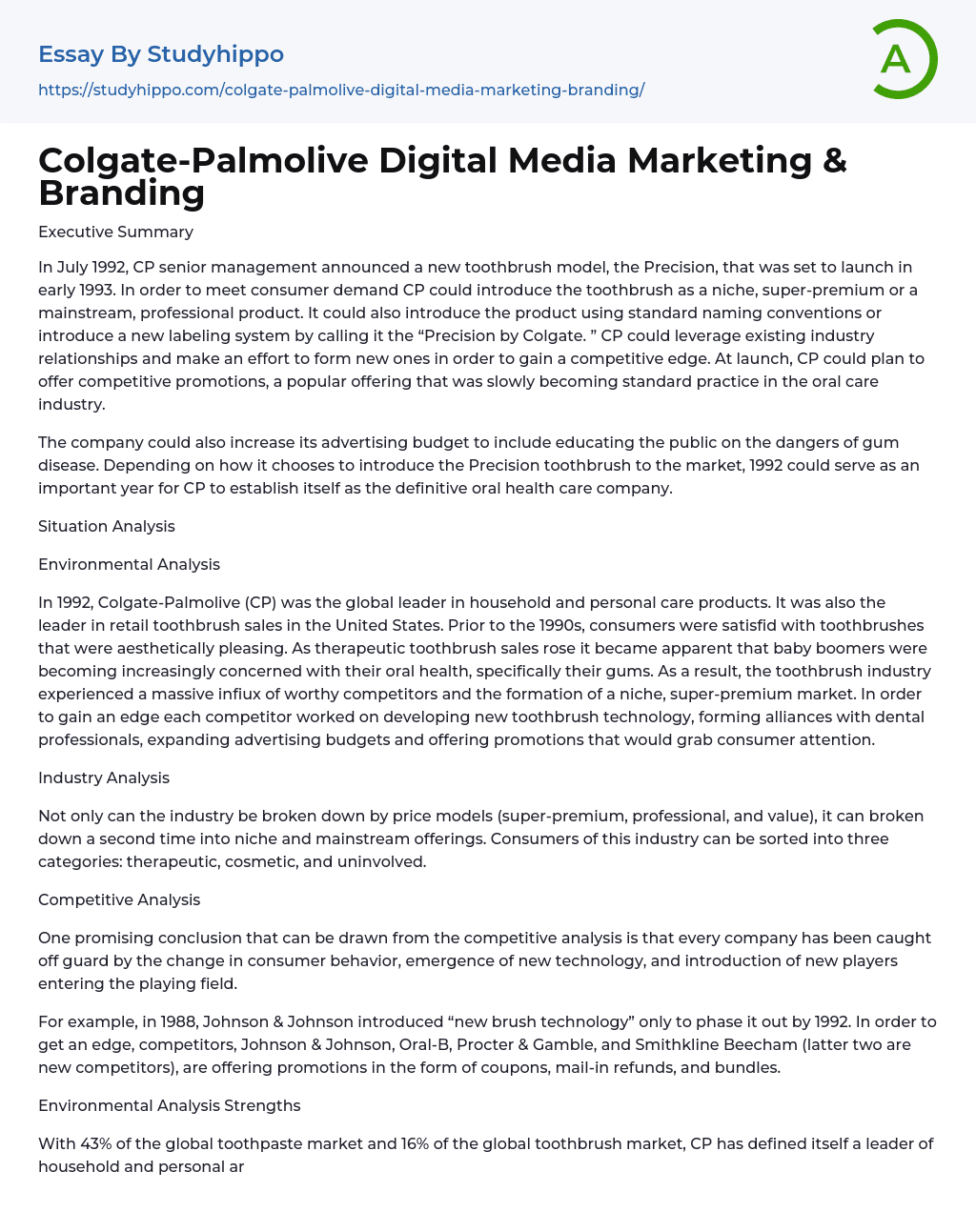 Colgate-Palmolive Digital Media Marketing & Branding Essay Example