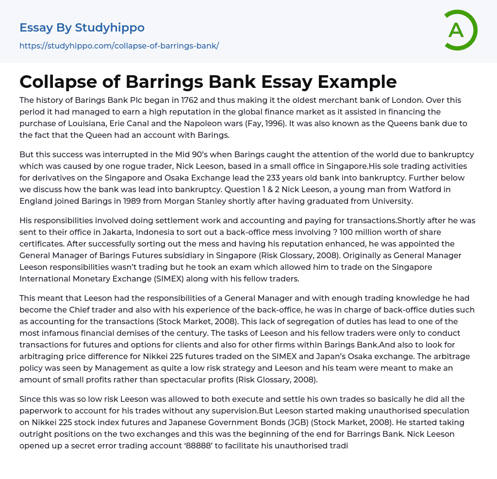 Collapse of Barrings Bank Essay Example