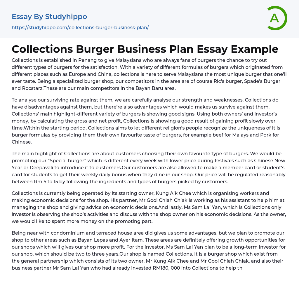 Collections Burger Business Plan Essay Example