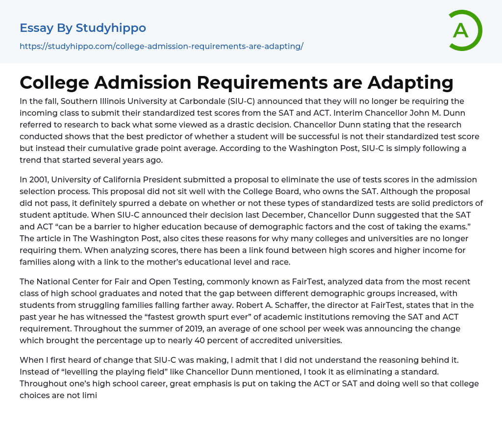 College Admission Requirements are Adapting Essay Example