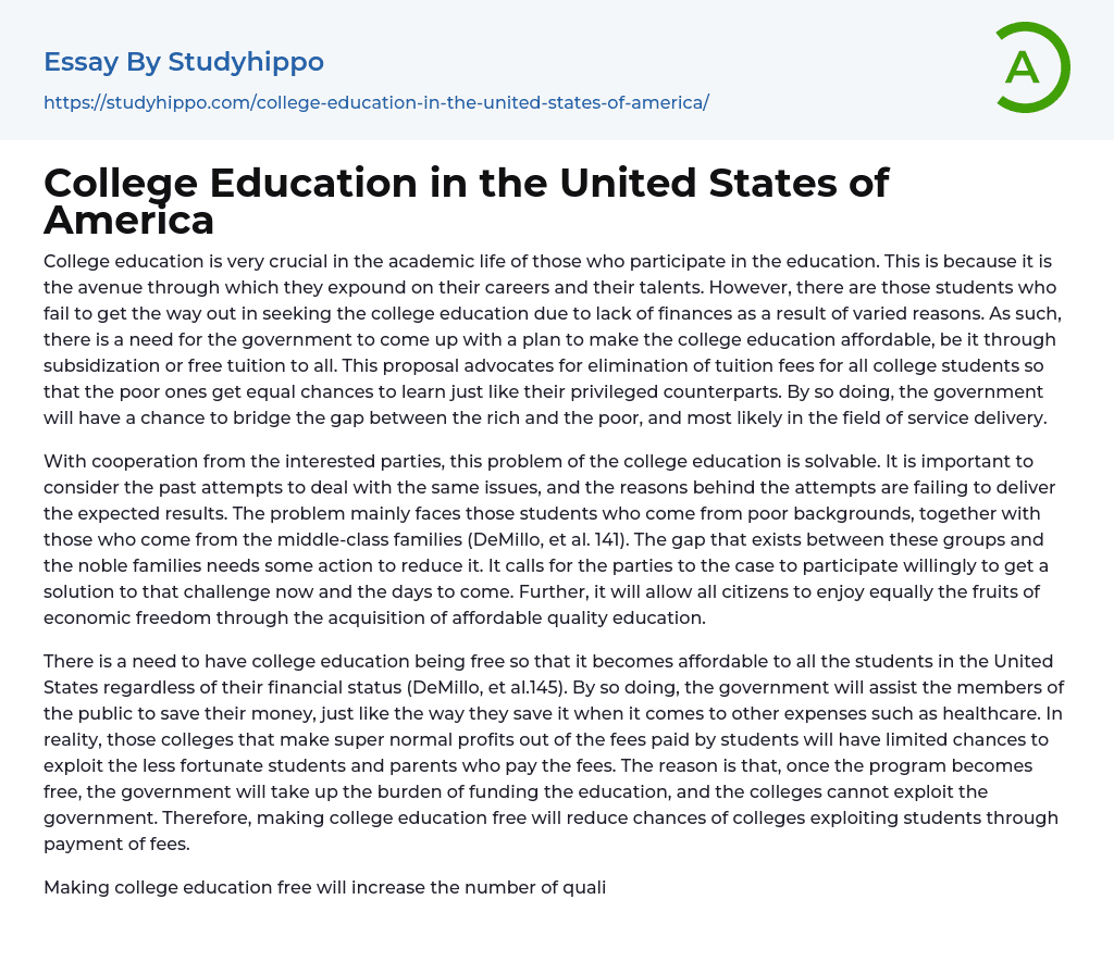 College Education in the United States of America Essay Example