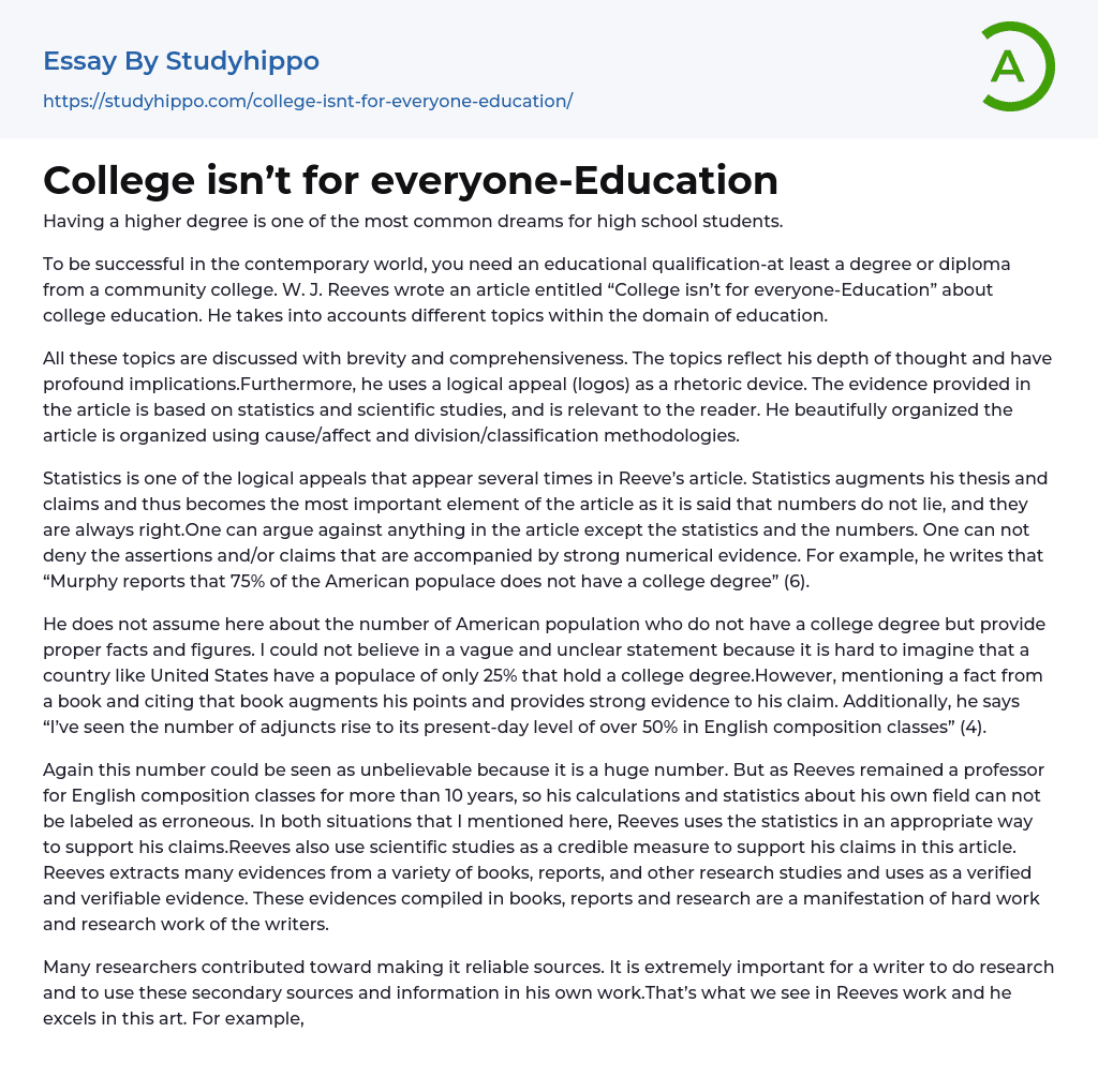 College Isn t For Everyone Education Essay Example StudyHippo