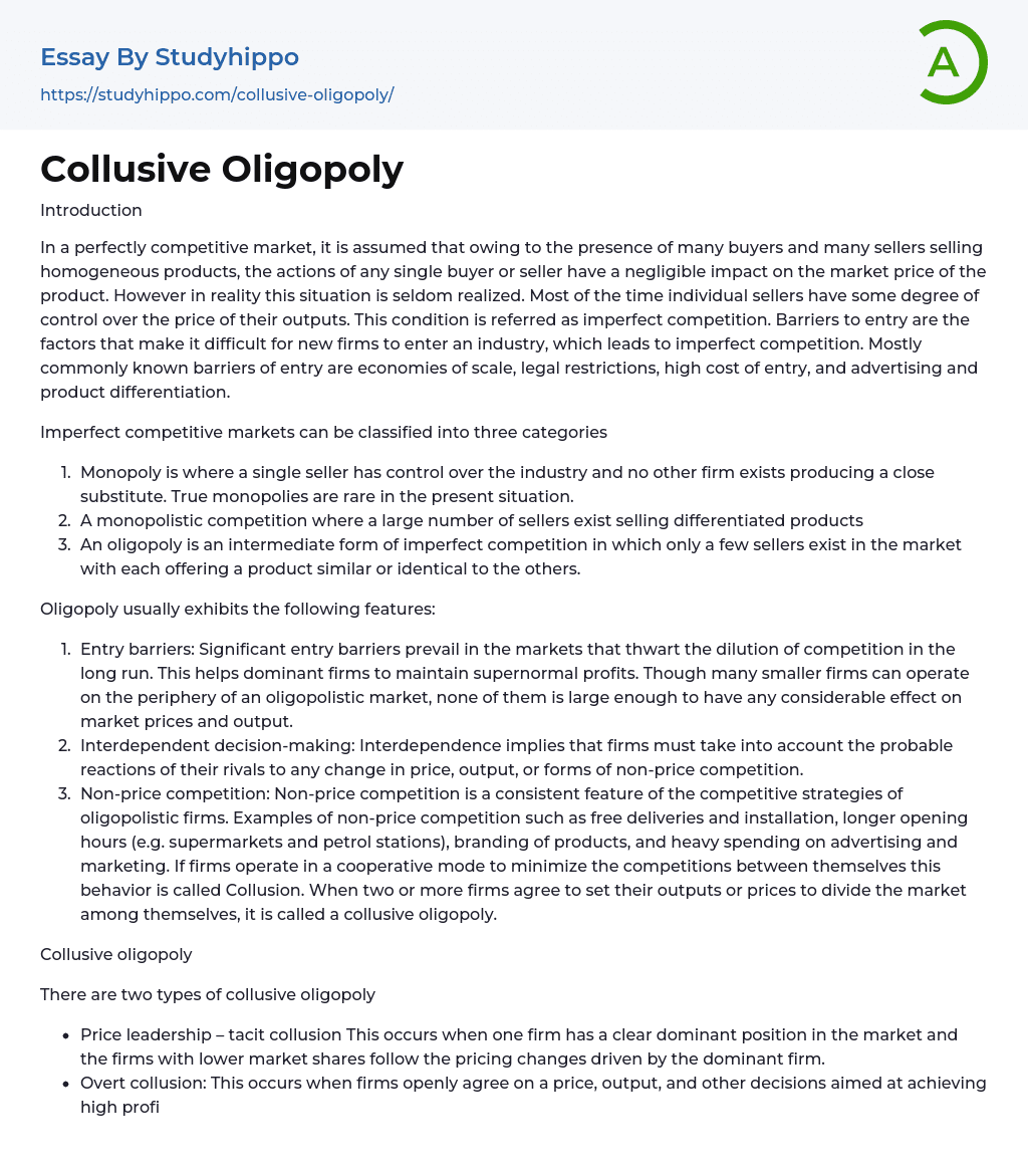 Collusive Oligopoly Essay Example