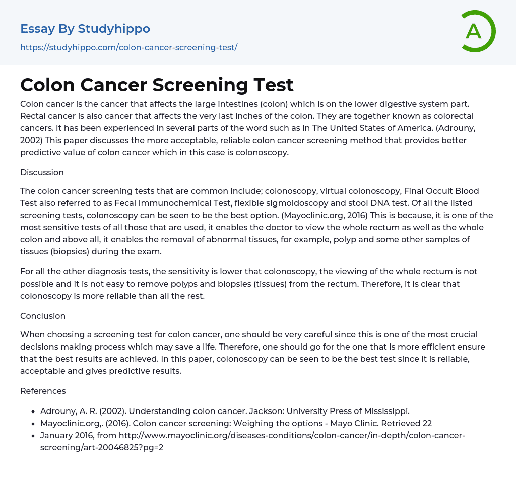 Colon Cancer Screening Test Essay Example