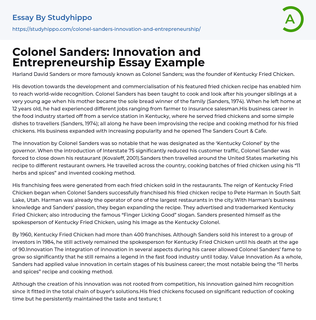 Colonel Sanders: Innovation and Entrepreneurship Essay Example