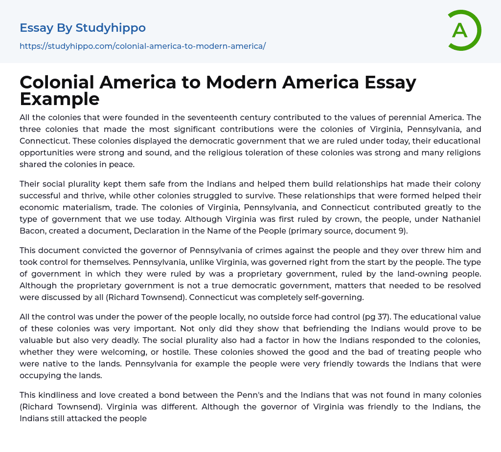 Colonial America to Modern America Essay Example