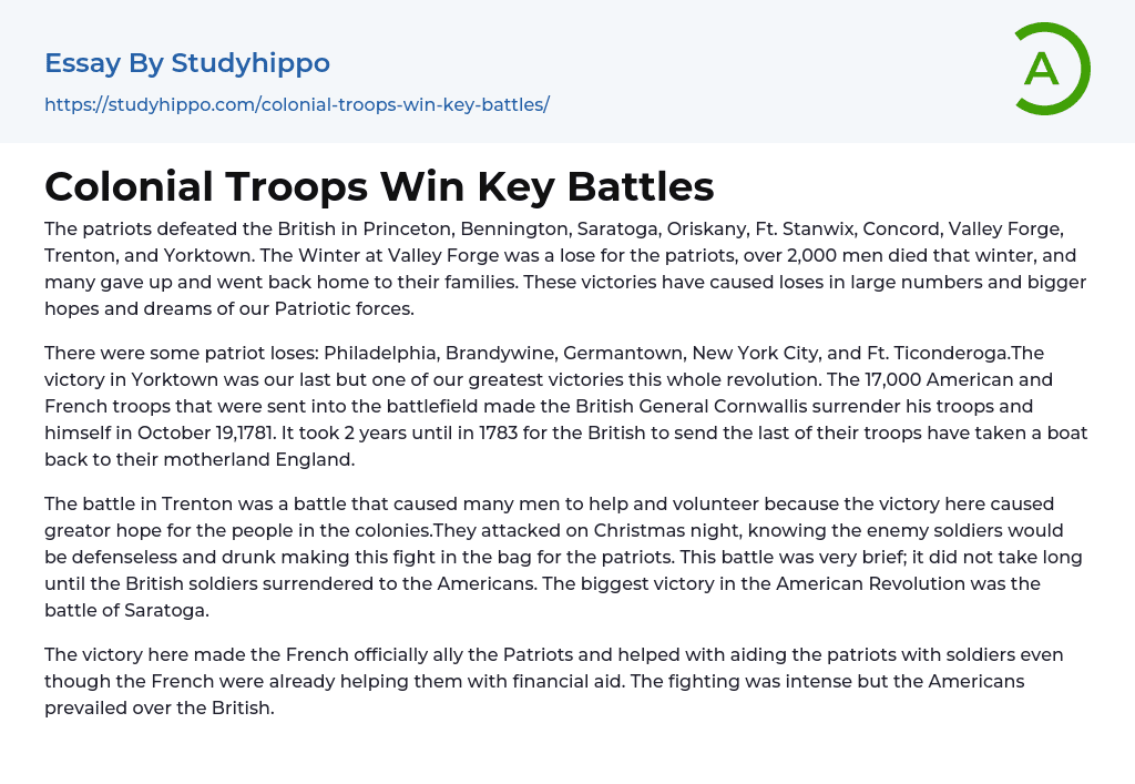 Colonial Troops Win Key Battles Essay Example