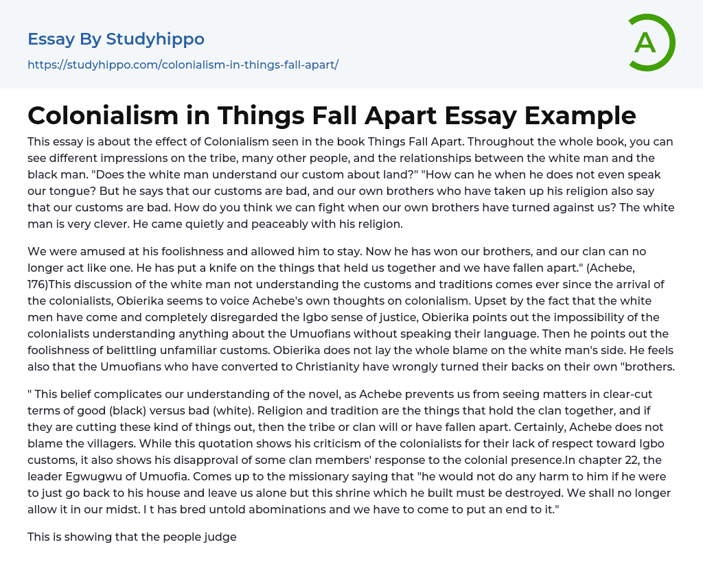 Colonialism in Things Fall Apart Essay Example