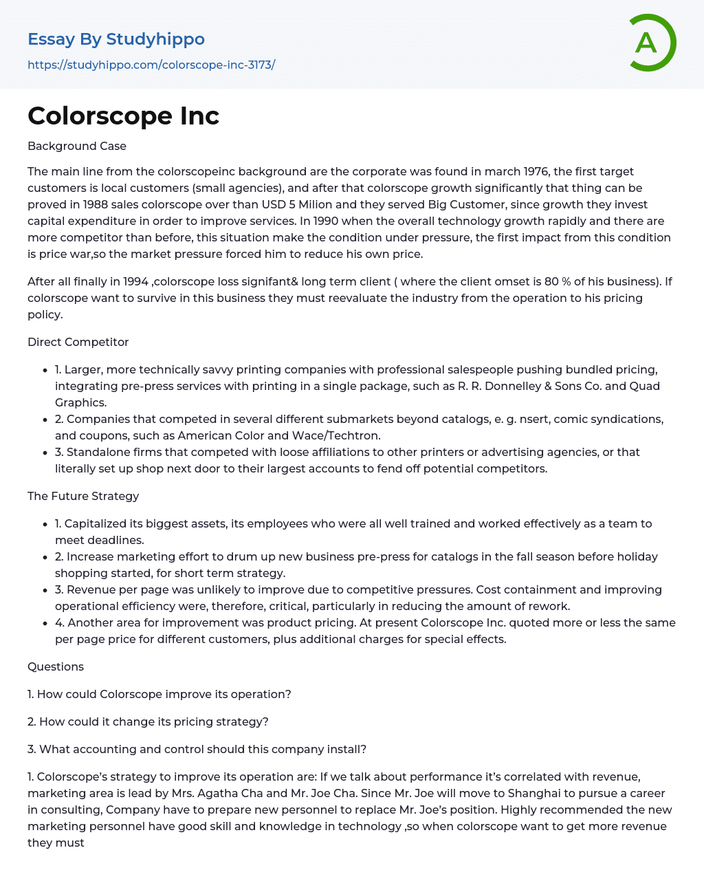 Colorscope Inc Essay Example