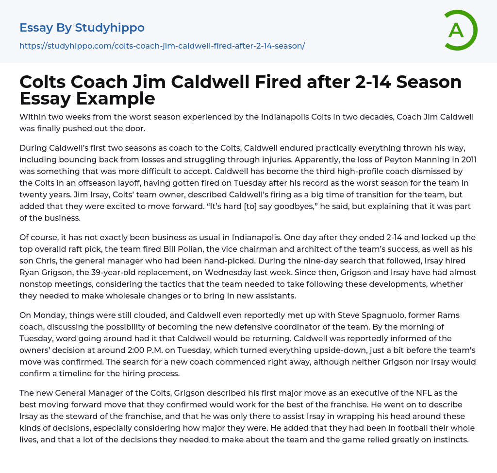 Colts Coach Jim Caldwell Fired after 2-14 Season Essay Example