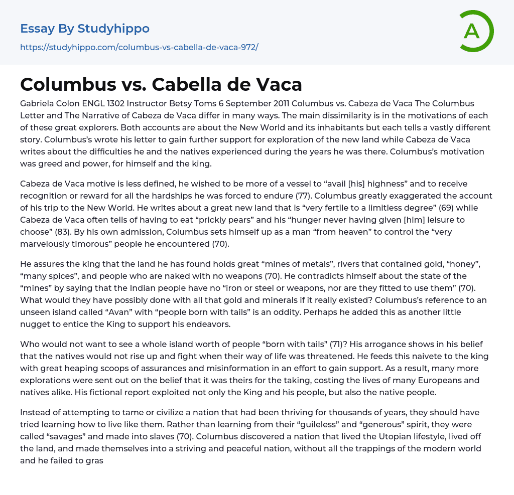 Columbus vs. Cabella de Vaca Essay Example