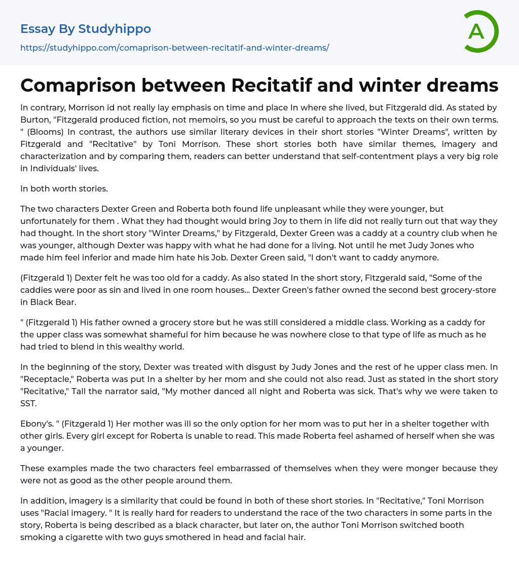Comaprison between Recitatif and winter dreams Essay Example