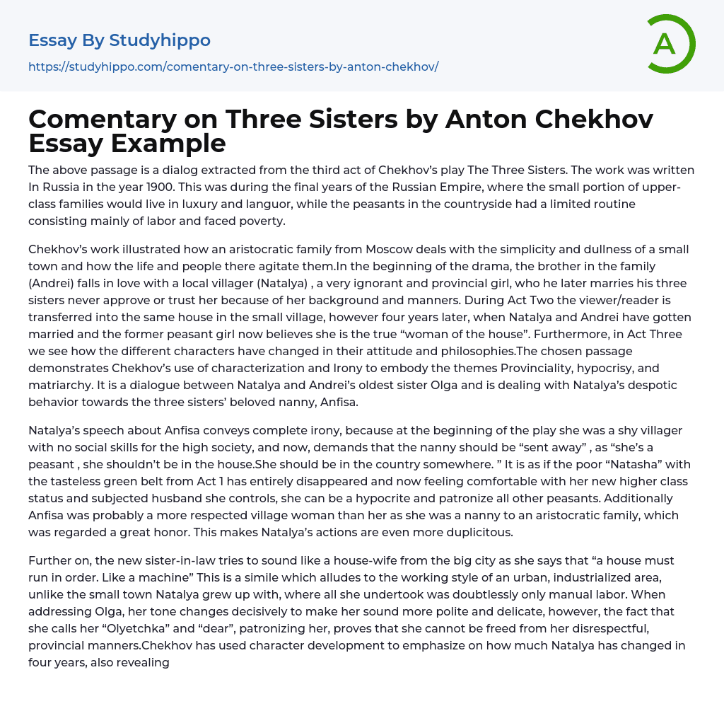 Comentary on Three Sisters by Anton Chekhov Essay Example