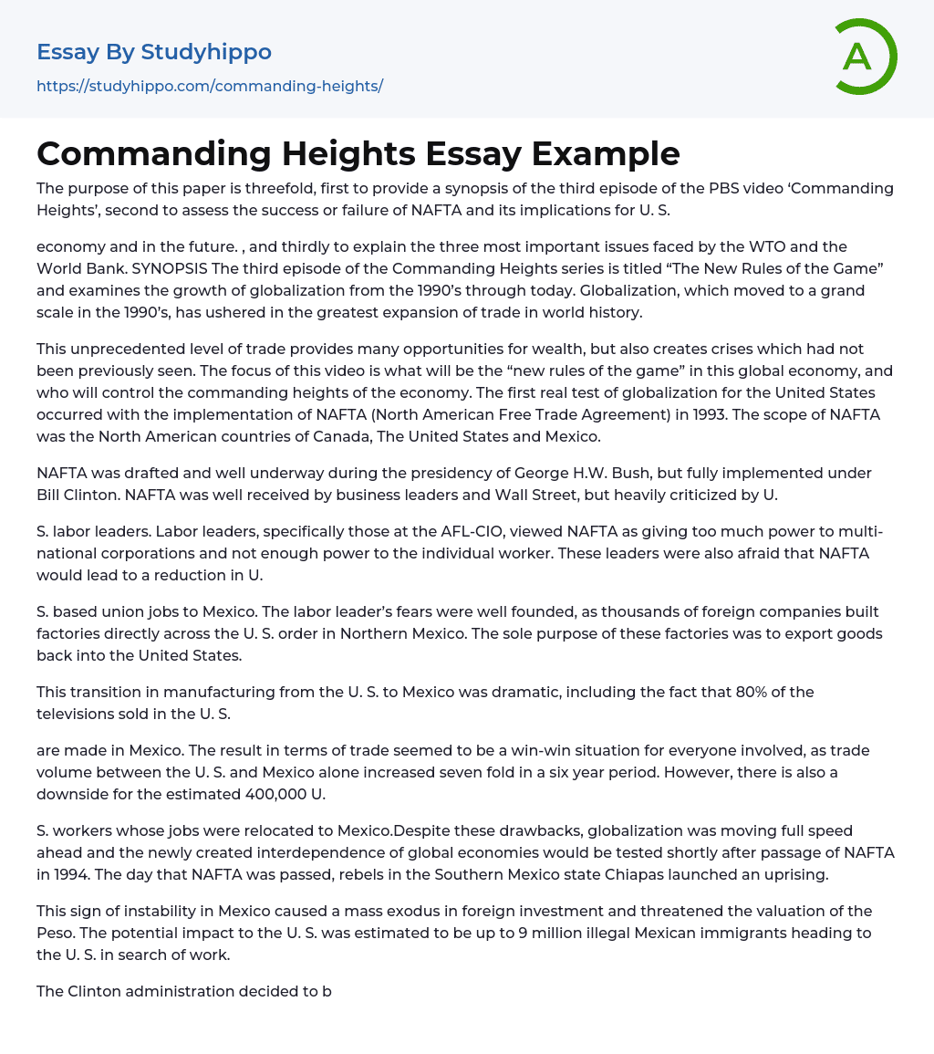 Commanding Heights Essay Example