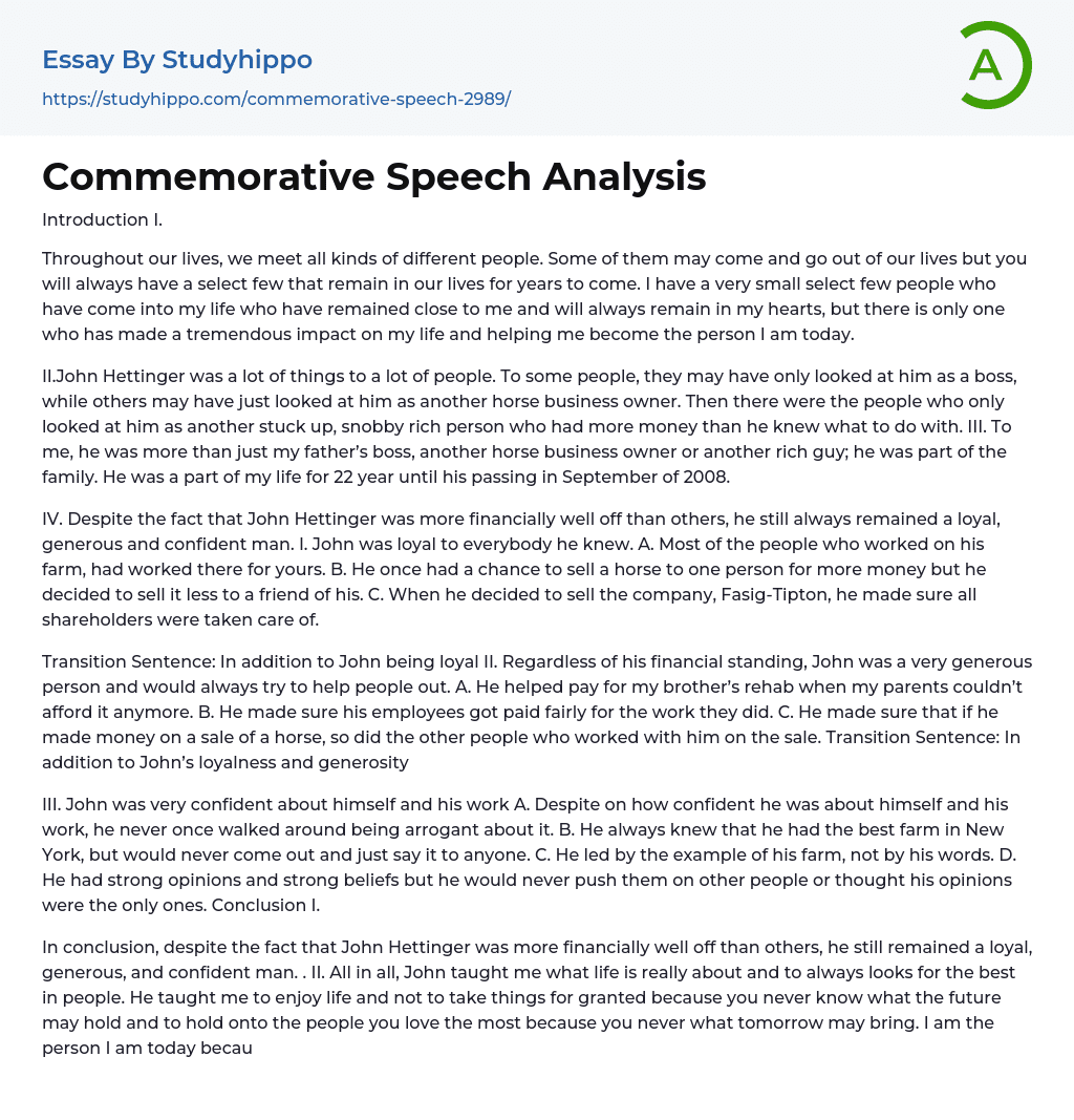 Commemorative Speech Analysis Essay Example