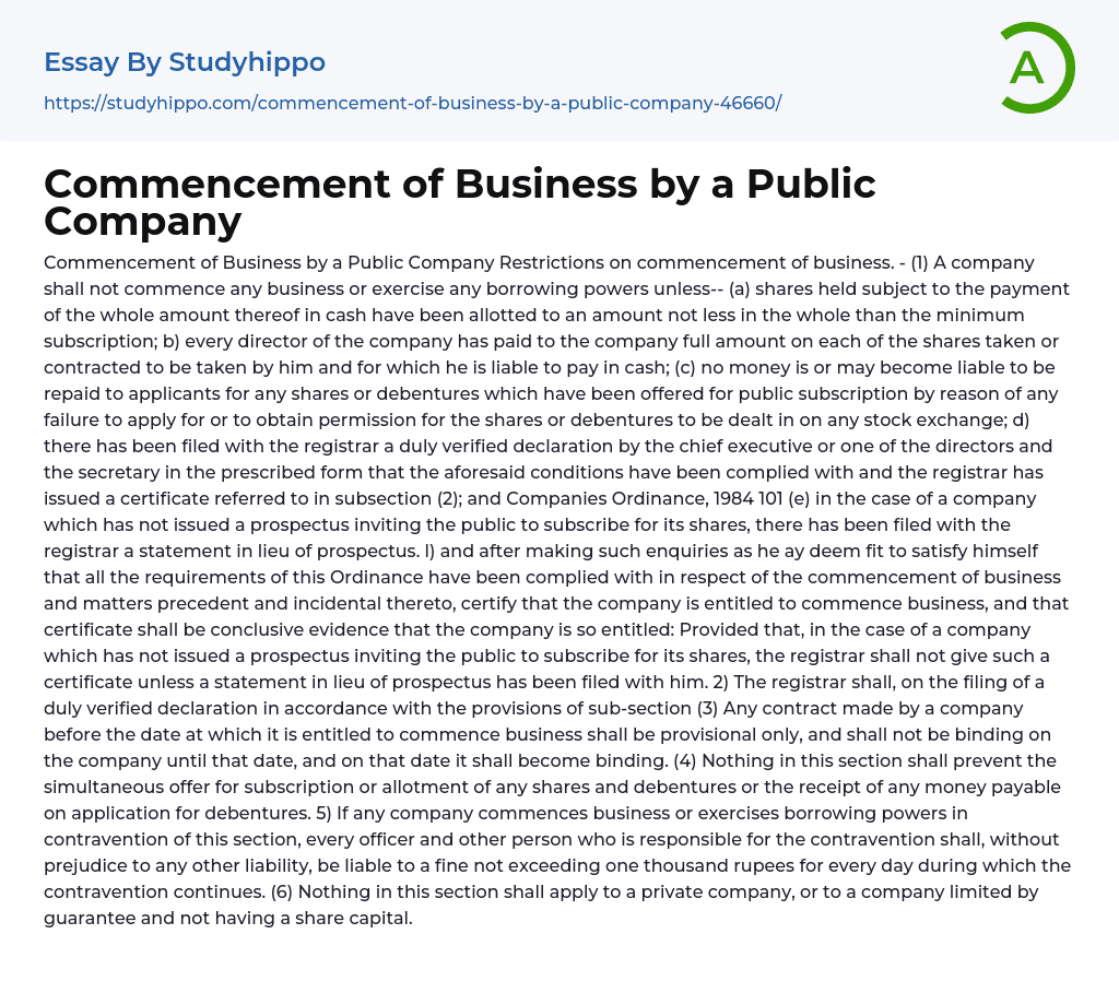 Commencement of Business by a Public Company Essay Example