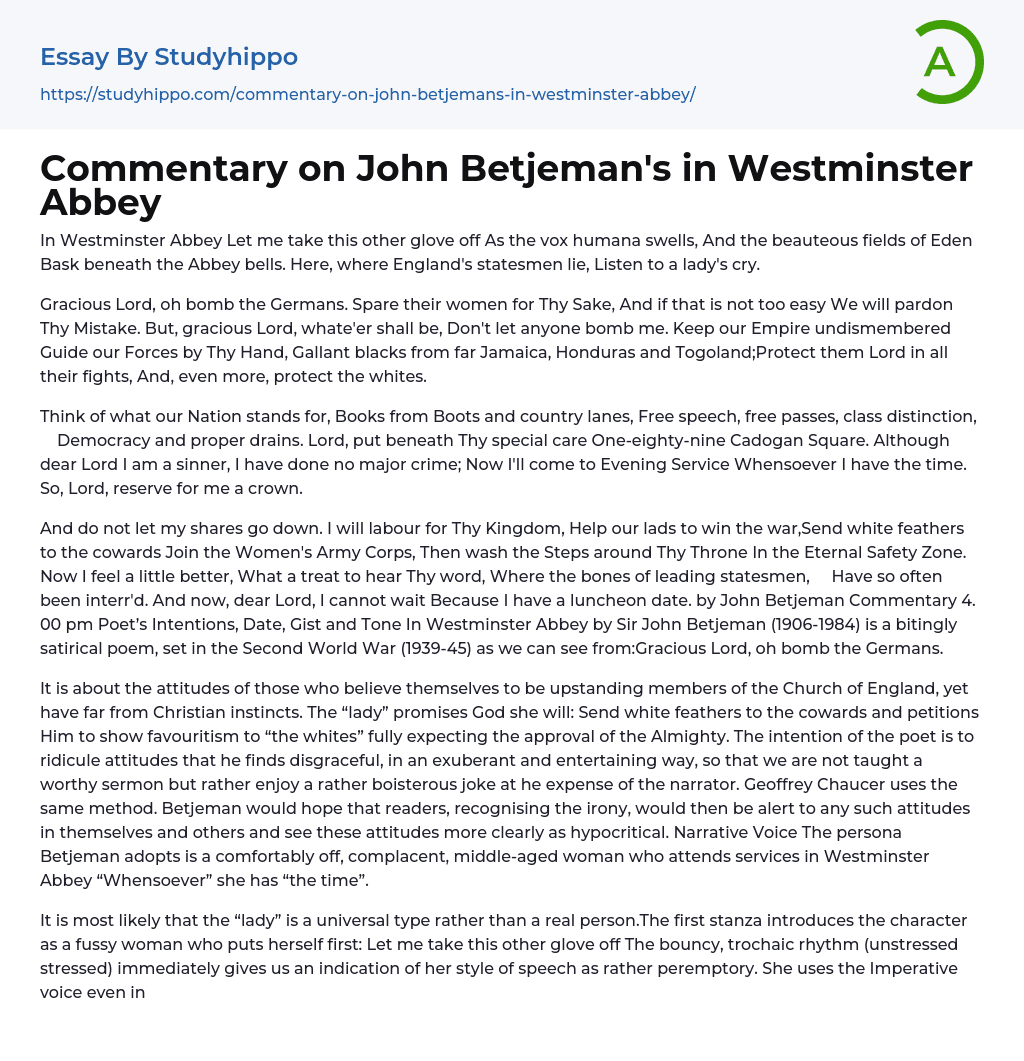 Commentary on John Betjeman’s in Westminster Abbey Essay Example