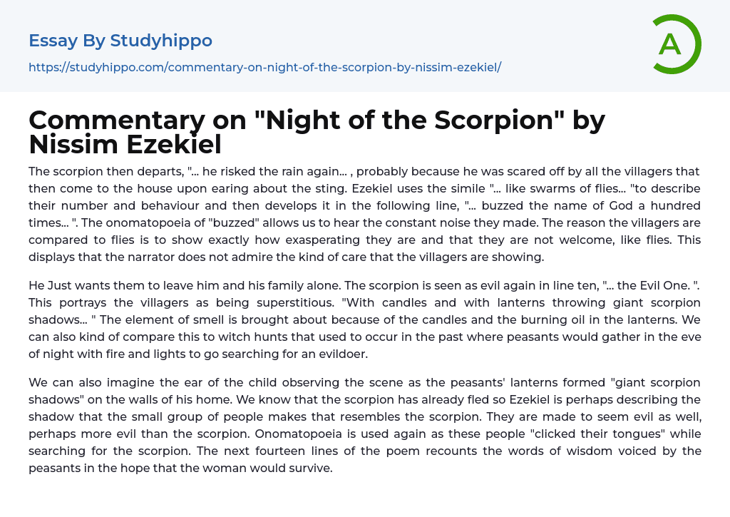 Commentary on “Night of the Scorpion” by Nissim Ezekiel Essay Example
