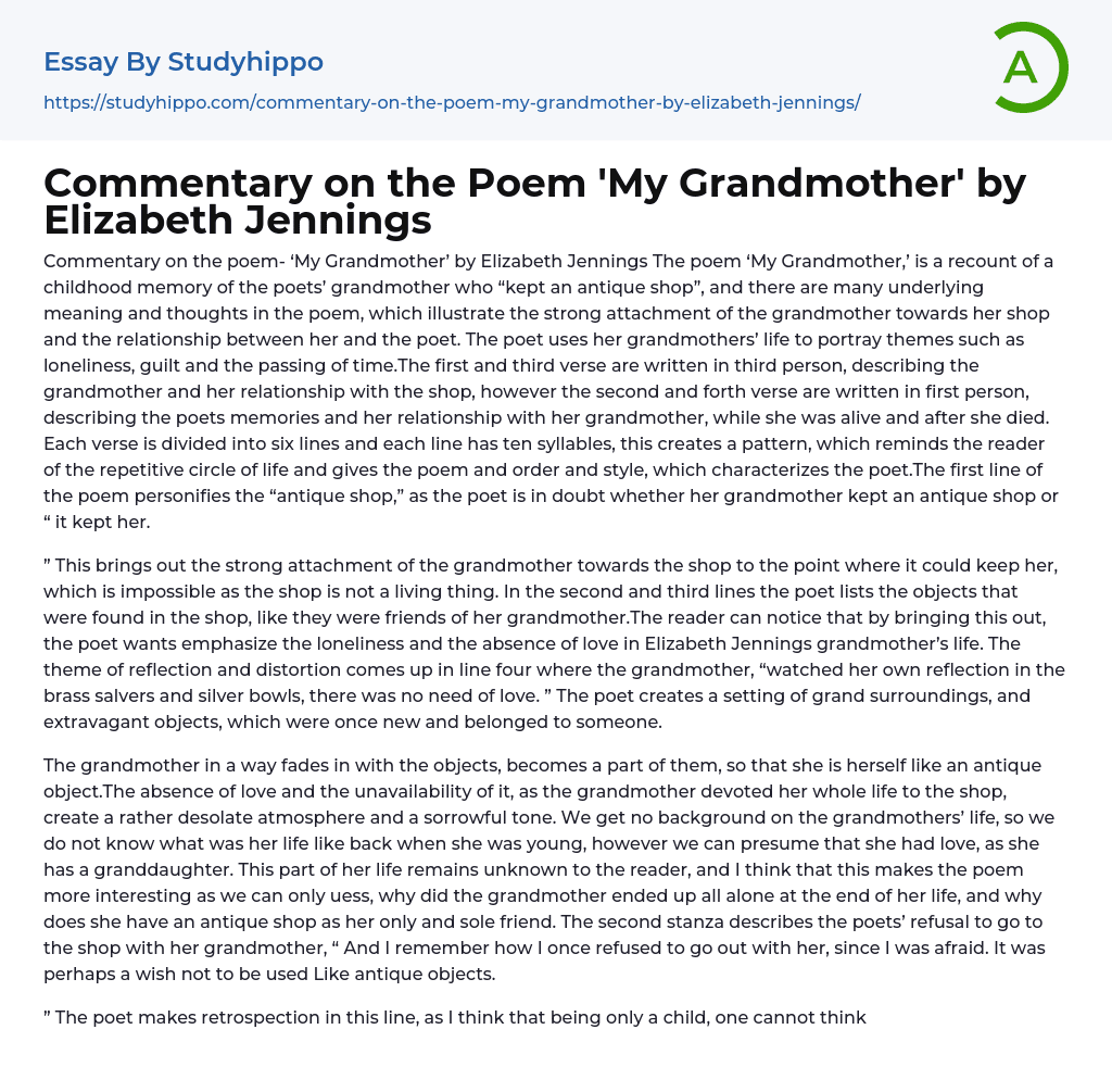 Commentary on the Poem ‘My Grandmother’ by Elizabeth Jennings Essay Example