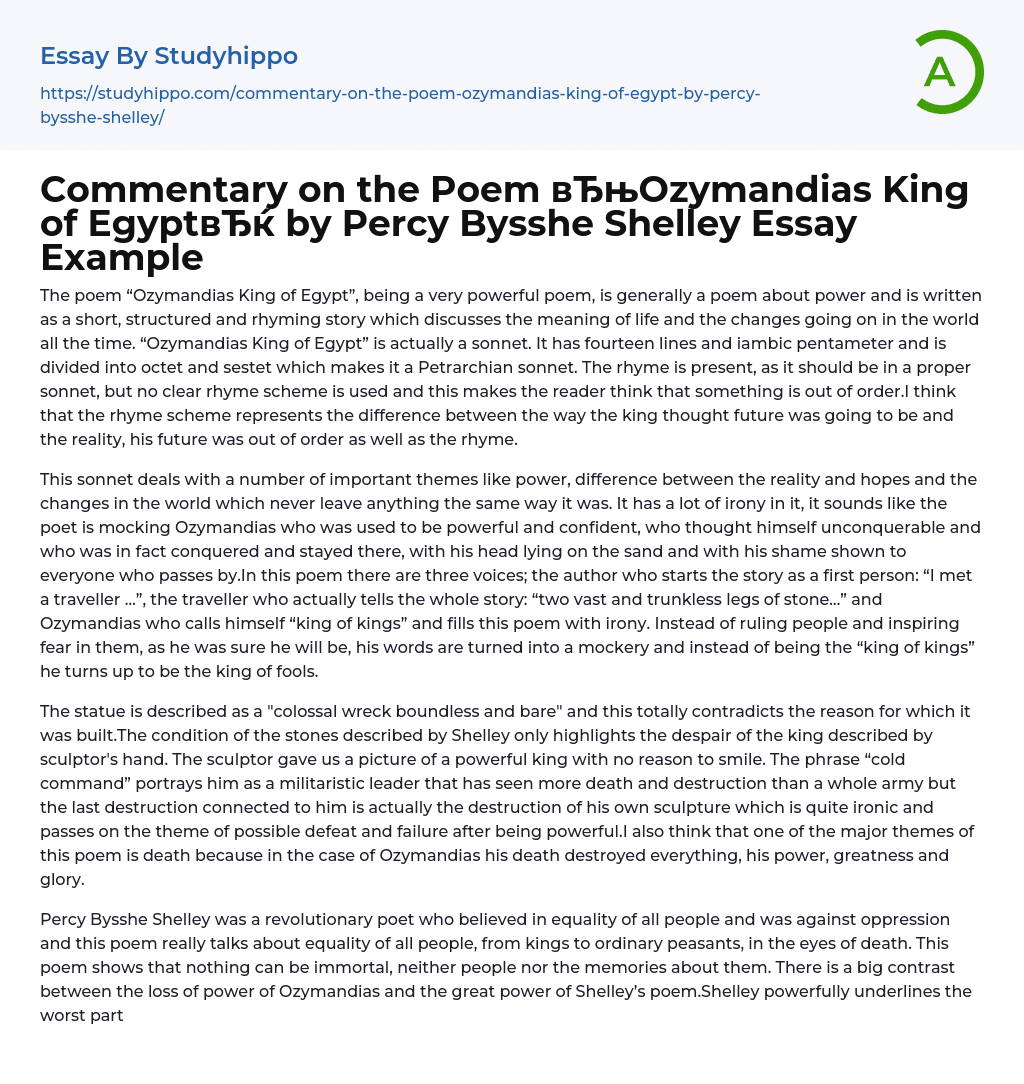Commentary on the Poem “Ozymandias King of Egypt” by Percy Bysshe Shelley Essay Example