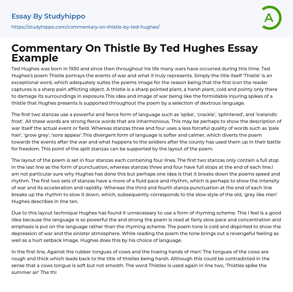 Commentary On Thistle By Ted Hughes Essay Example