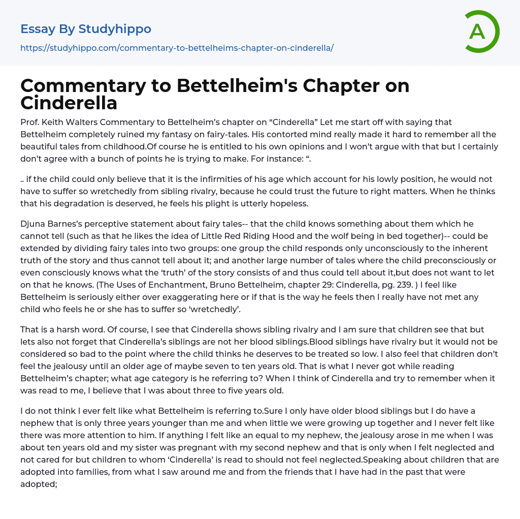 Commentary to Bettelheim’s Chapter on Cinderella Essay Example