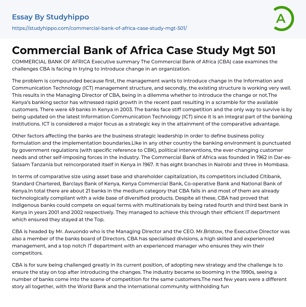 Commercial Bank of Africa Case Study Mgt 501 Essay Example