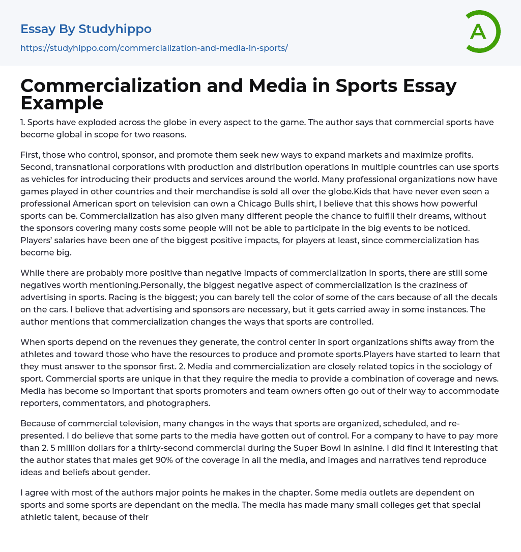 Commercialization and Media in Sports Essay Example
