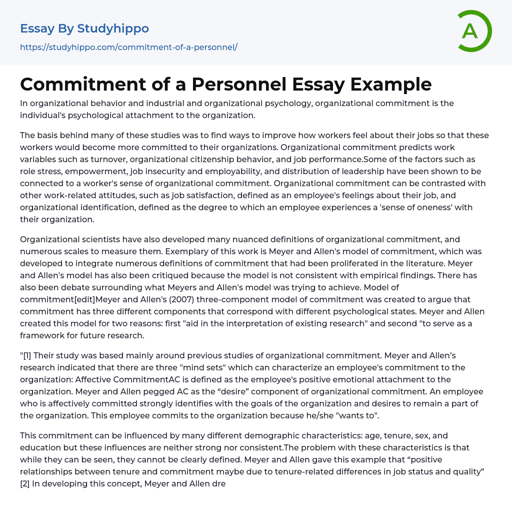 Commitment of a Personnel Essay Example