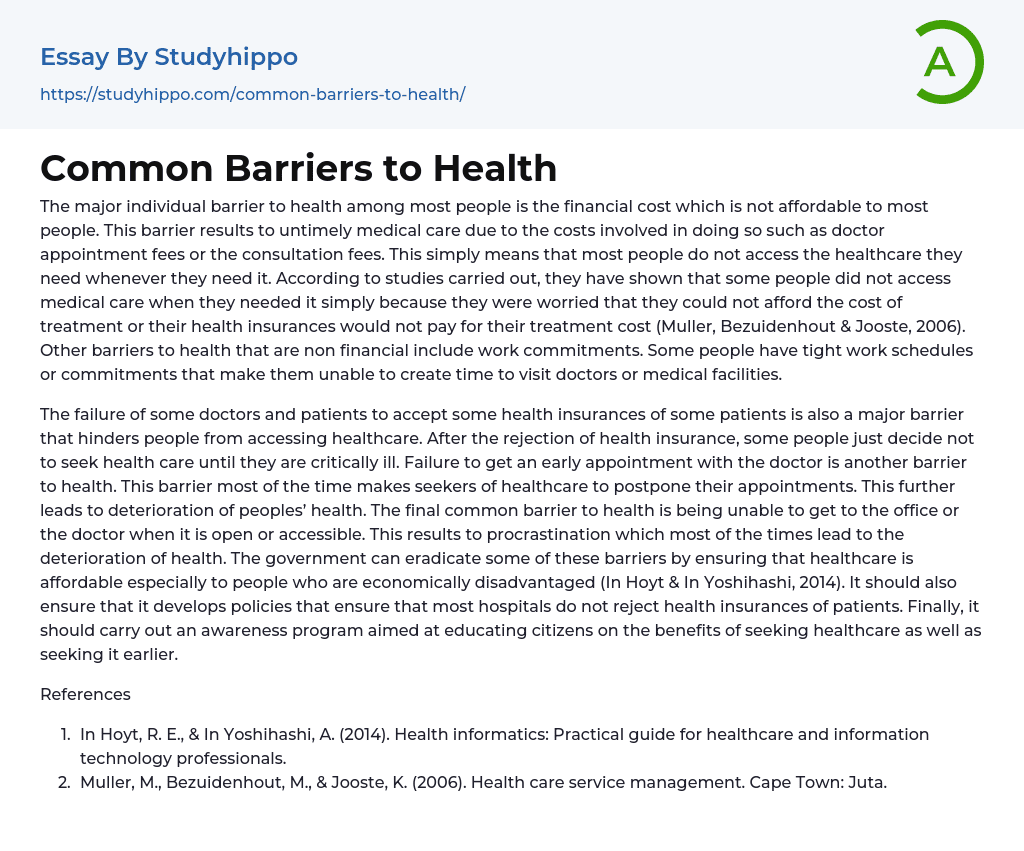 Common Barriers to Health Essay Example