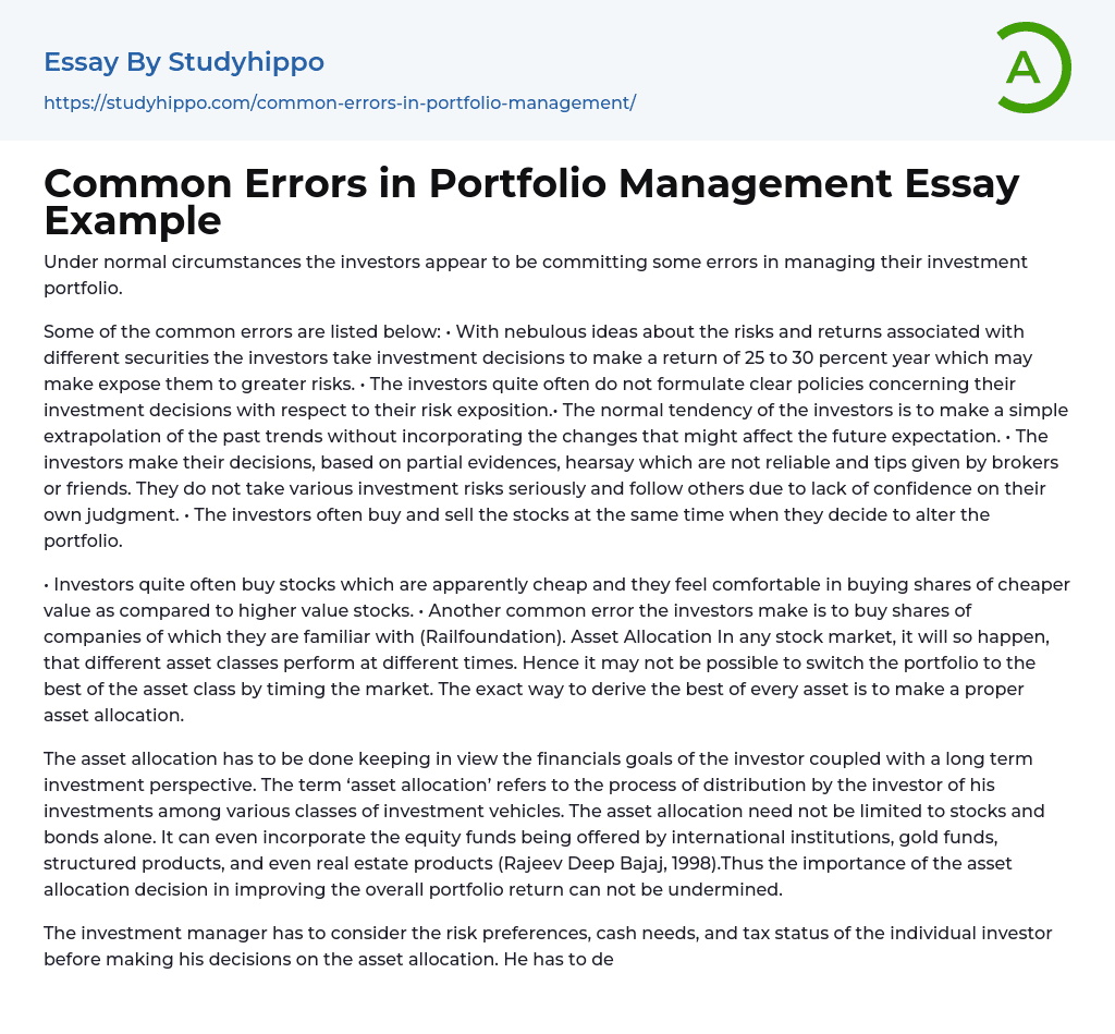 Common Errors in Portfolio Management Essay Example