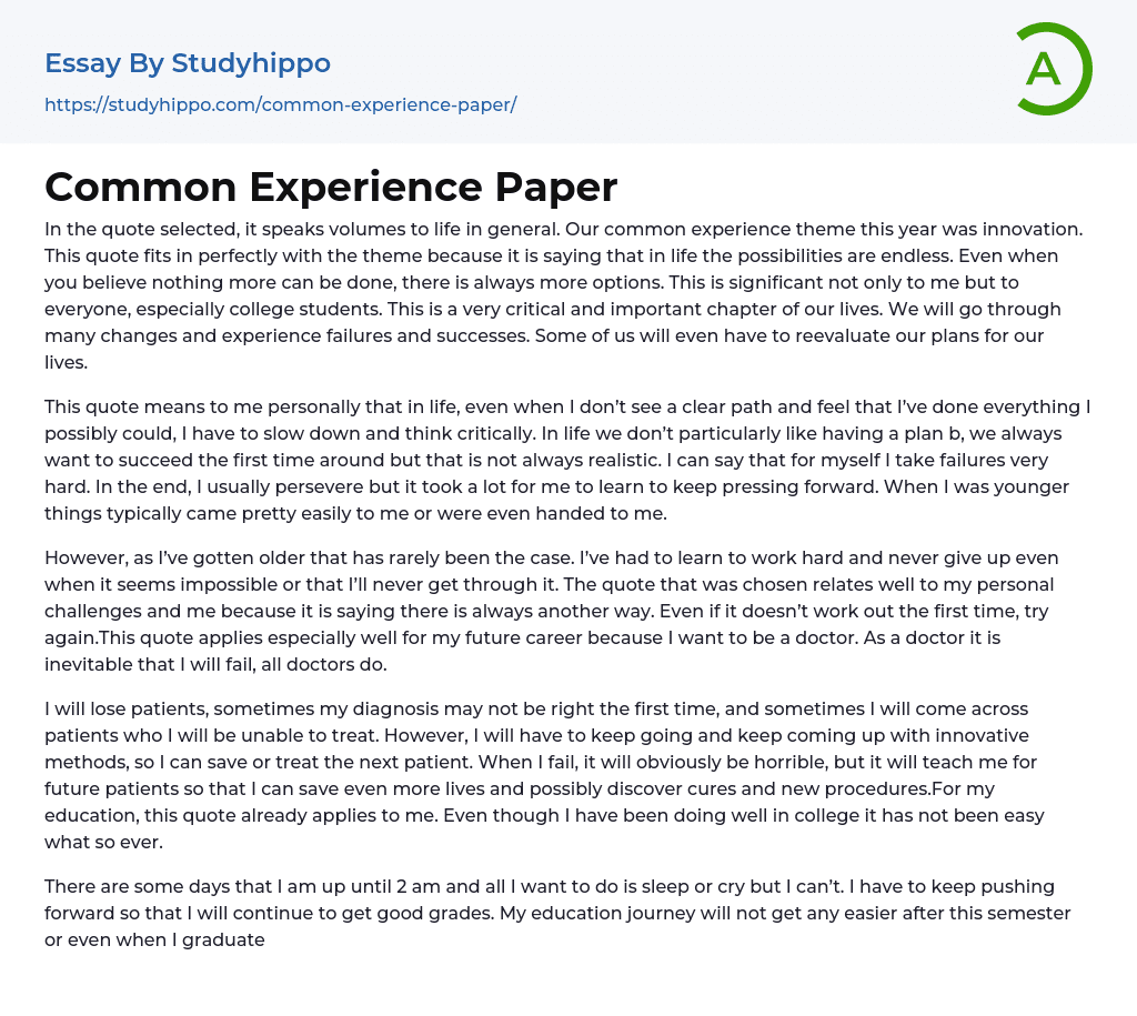 Common Experience Paper Essay Example