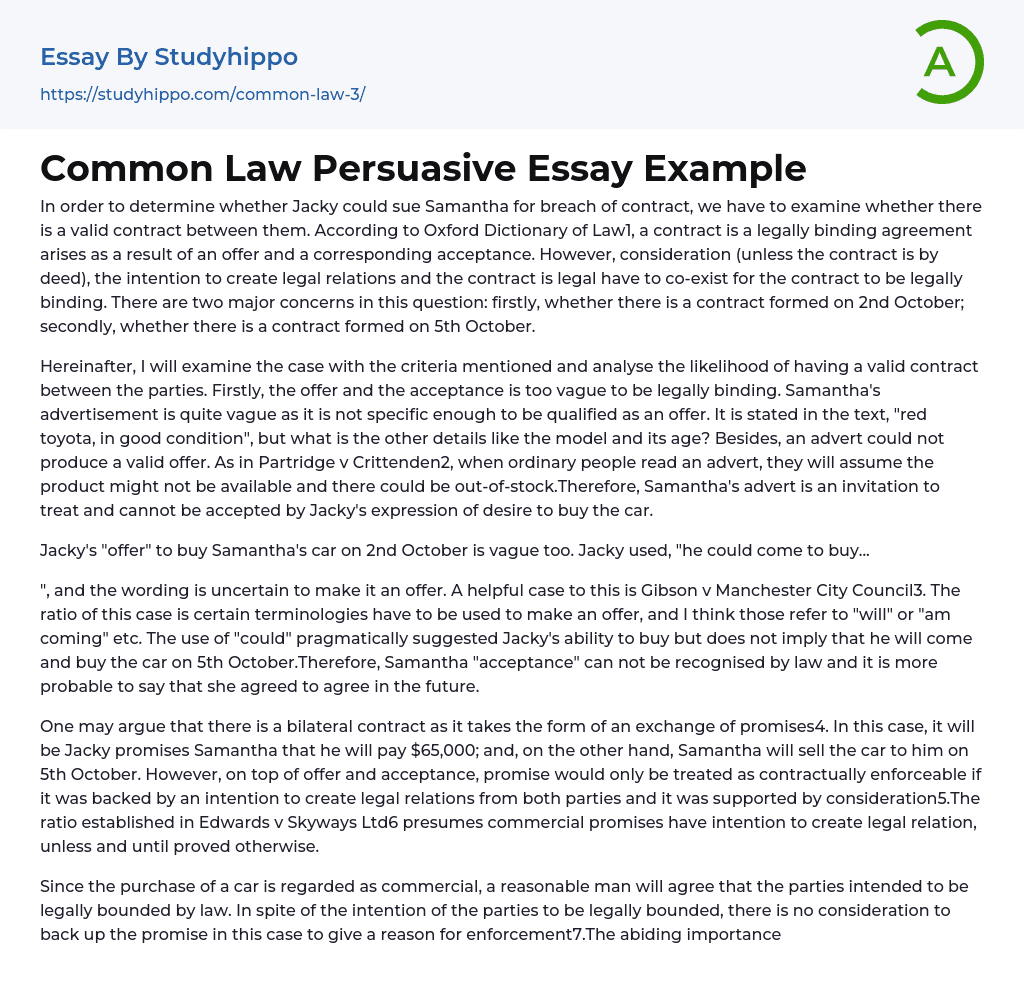 Common Law Persuasive Essay Example