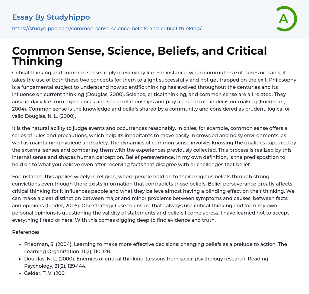 Common Sense, Science, Beliefs, and Critical Thinking Essay Example