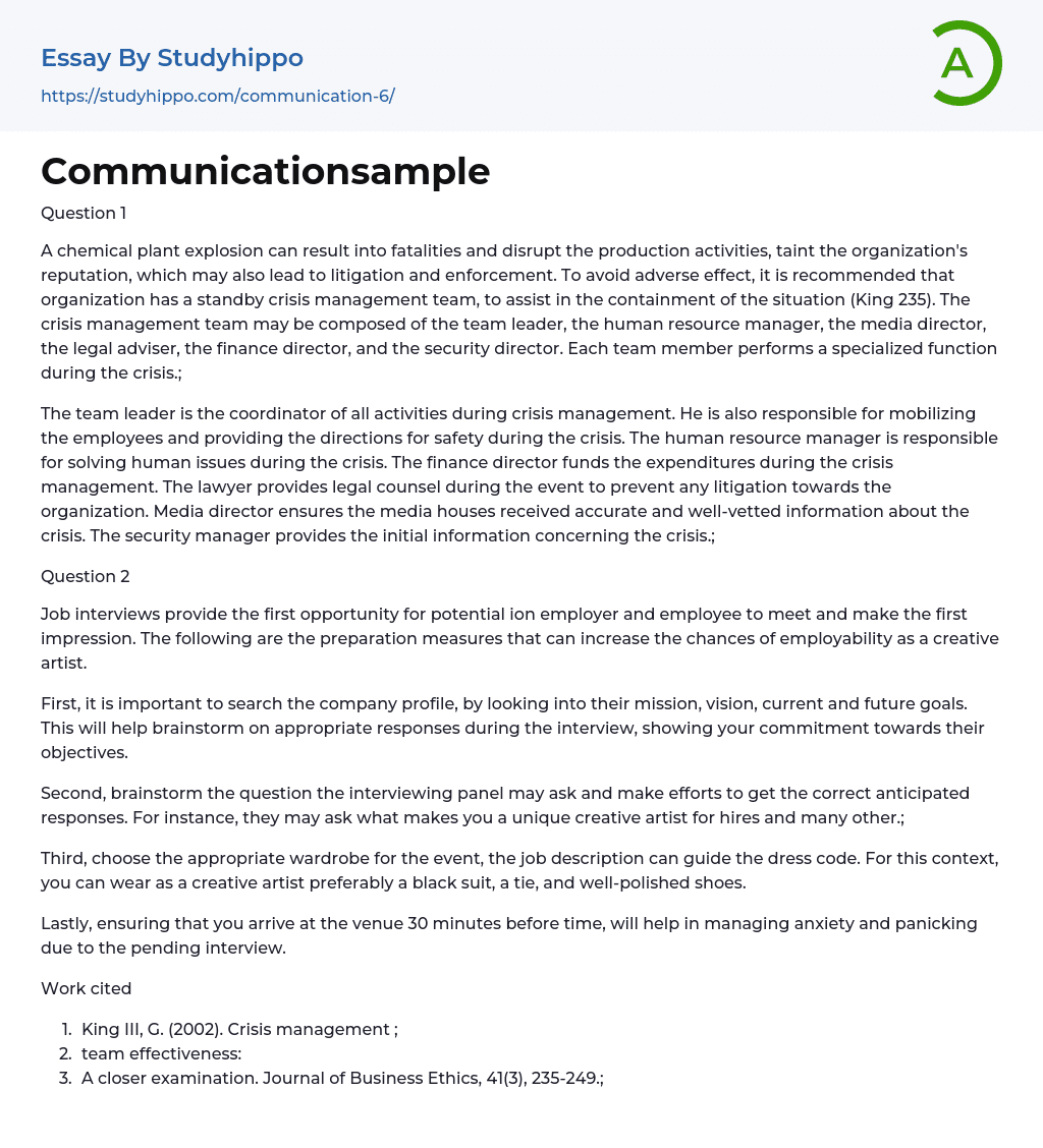 Communicationsample Essay Example