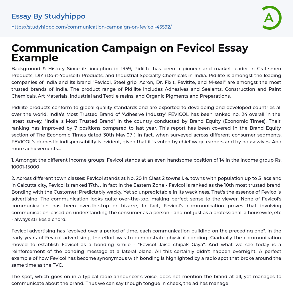 Communication Campaign on Fevicol Essay Example
