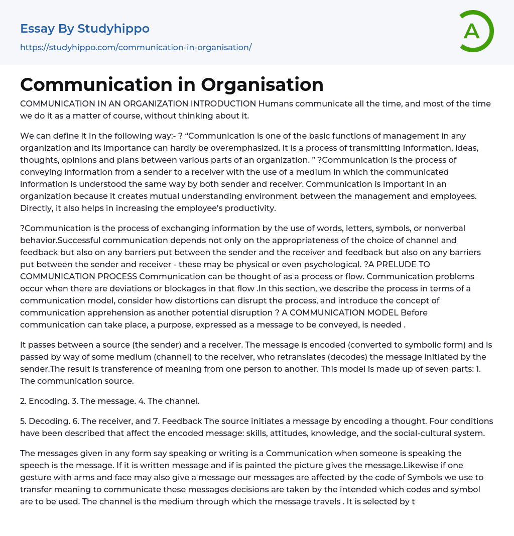 Communication in Organisation Essay Example
