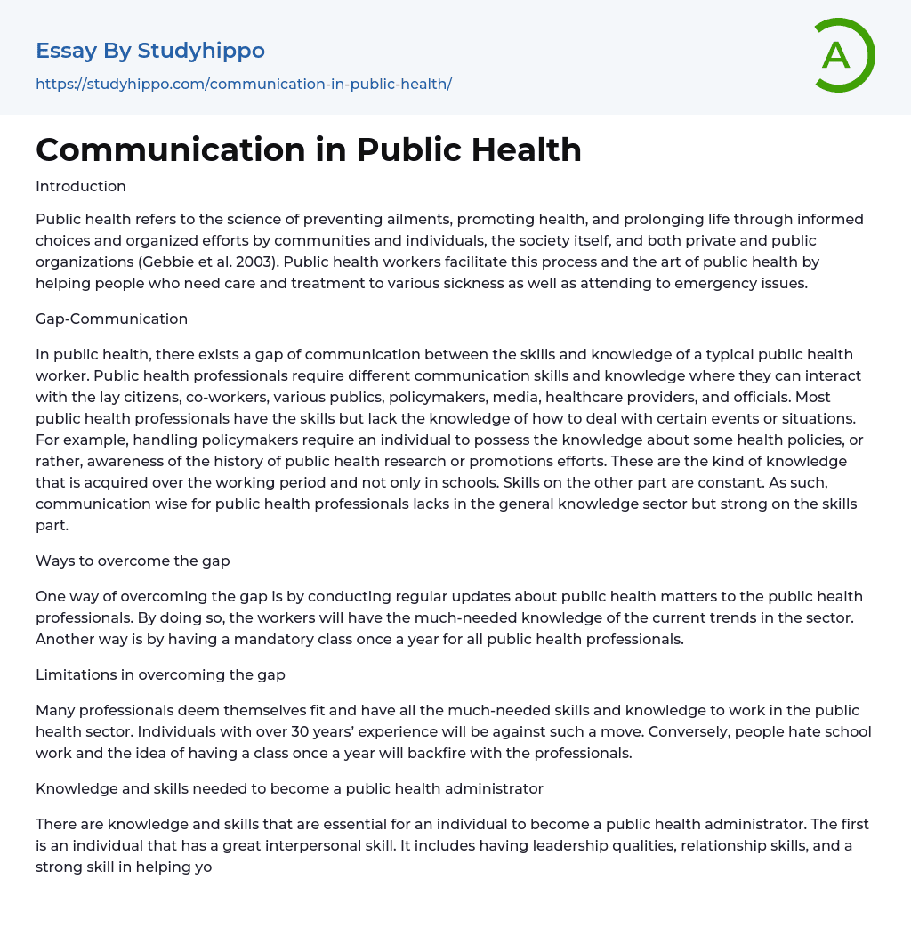 Communication in Public Health Essay Example