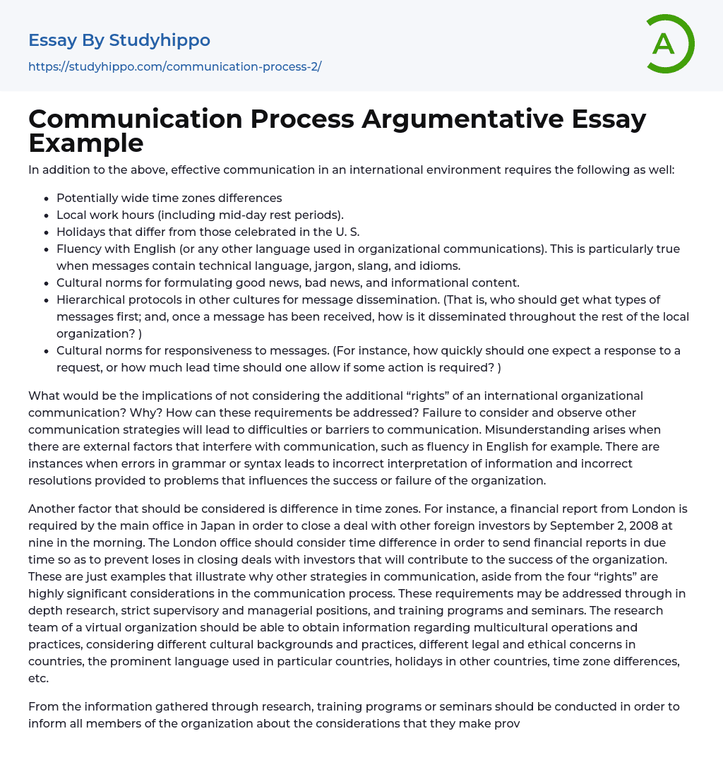Communication Process Argumentative Essay Example