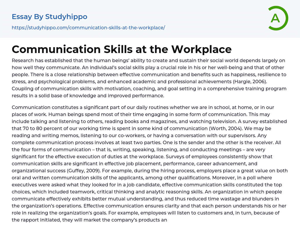 Communication Skills at the Workplace Essay Example