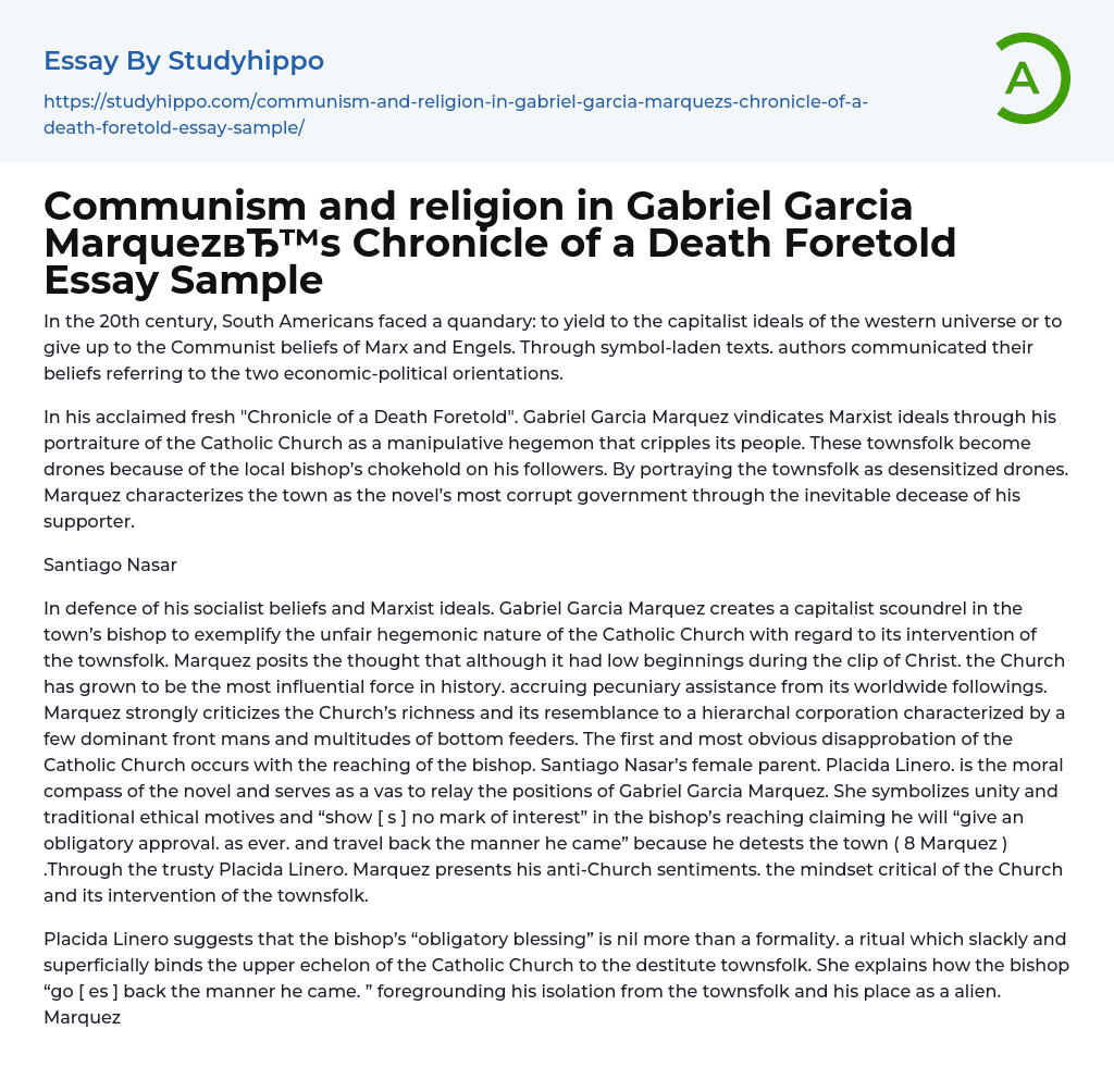 Communism and religion in Gabriel Garcia Marquez’s Chronicle of a Death Foretold Essay Sample