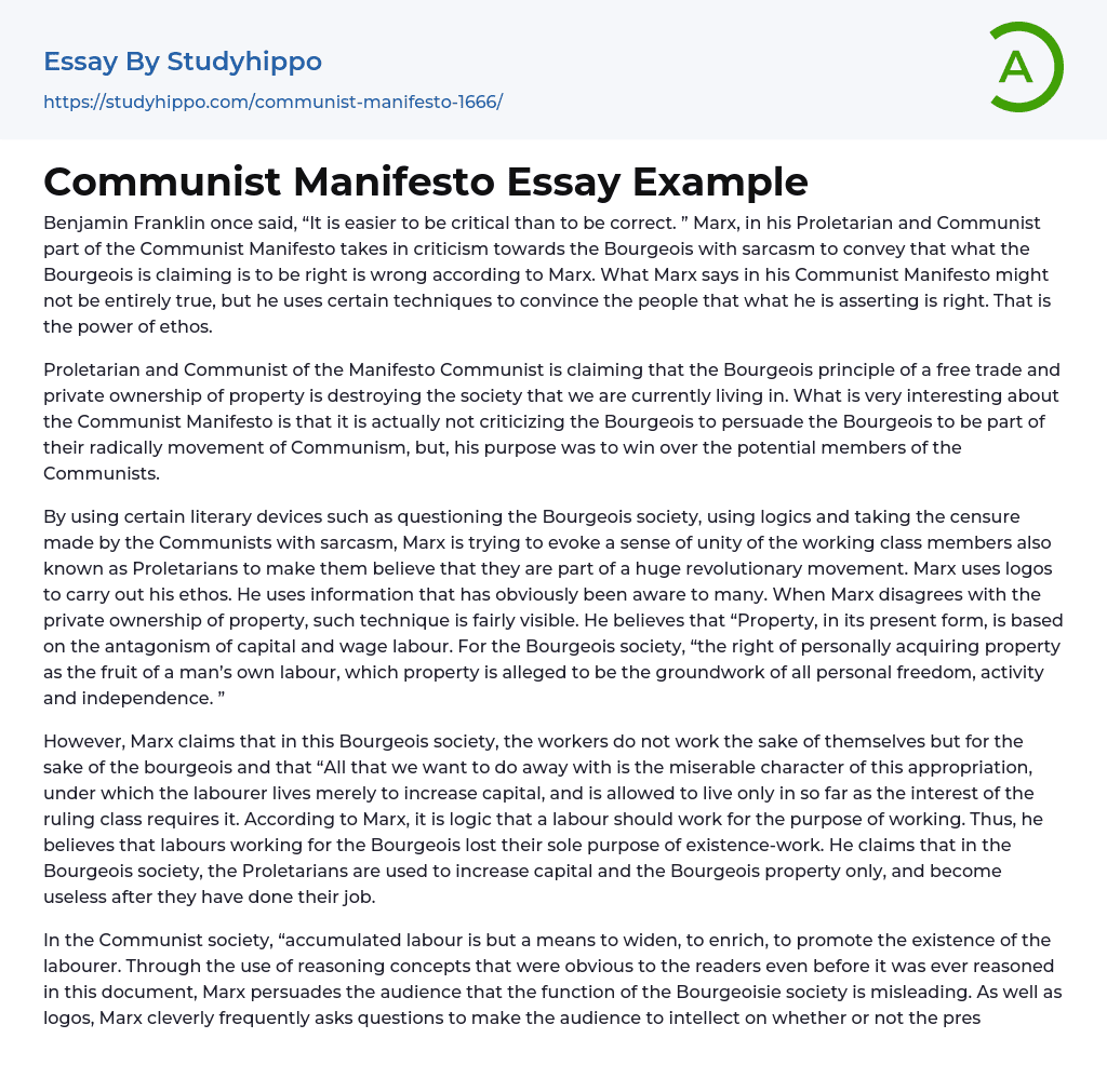 Communist Manifesto Essay Example