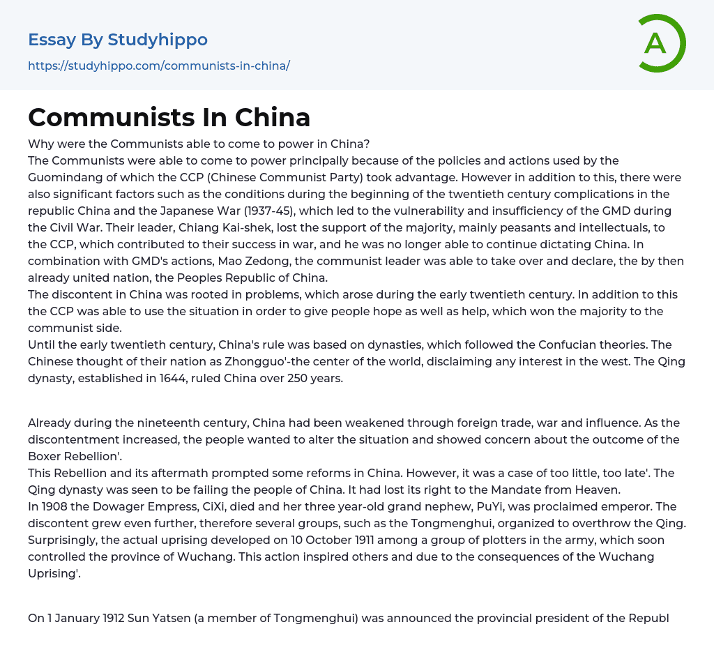 Communists In China Essay Example